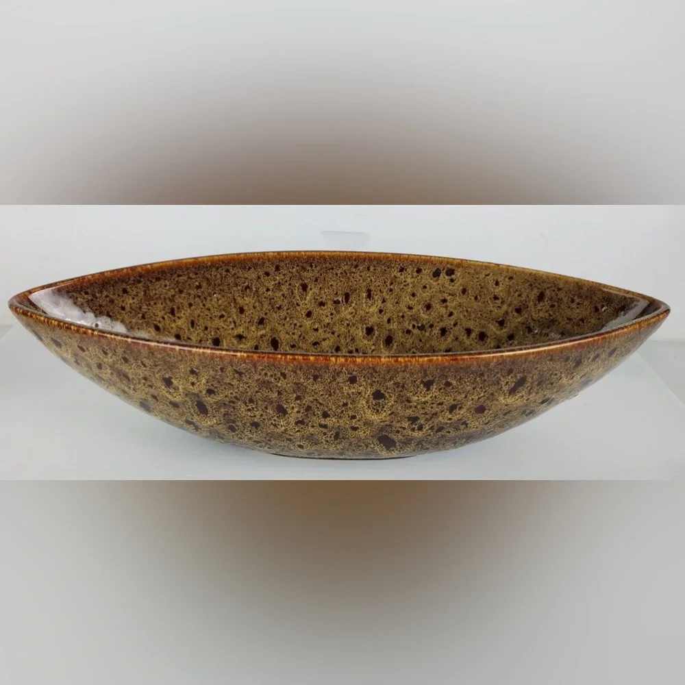 14” Ceramic Boat Bowl Oval Decorative Peacock‎ Feather Brown Red Maroon Tan
